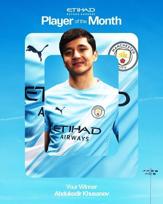 官方:乌兹别克斯坦后卫胡桑诺夫当选曼城3月最佳球员